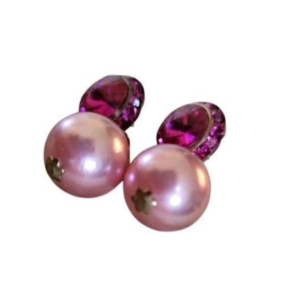 Huge Pink Rhinestone Bobble Faux Pearl Statement HOT PINK Pierced Earrings - Picture 4 of 9